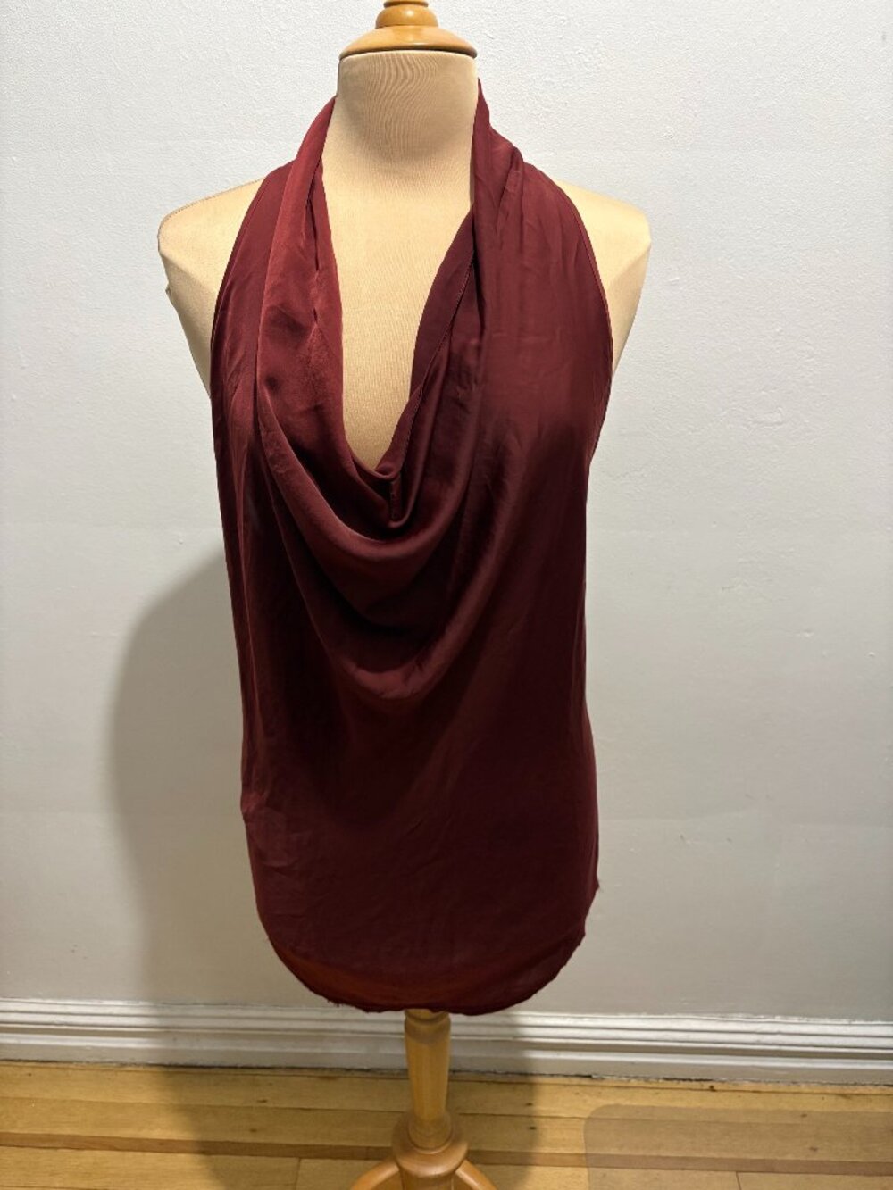 Helmut Lang cowl neck racer back tank tunic in burgundy satin & jersey
